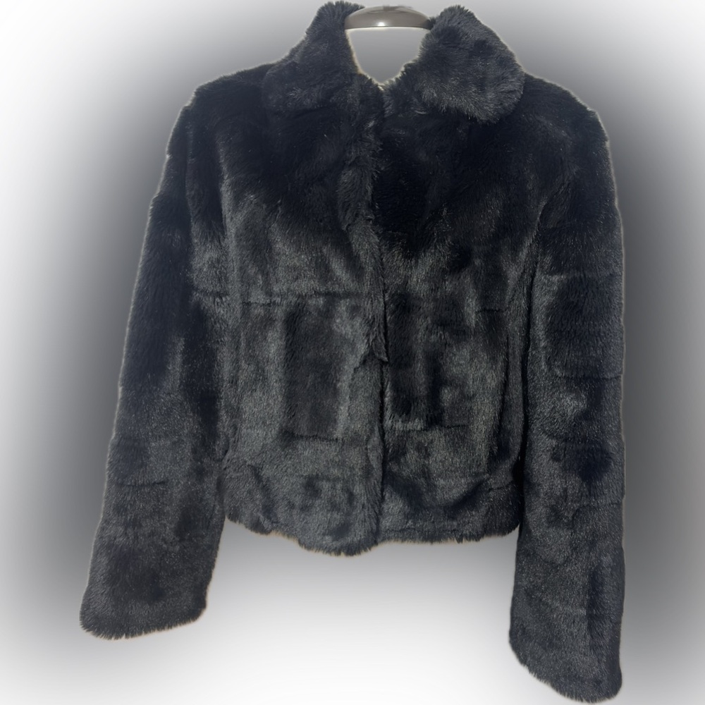 Incognita Black Faux Fur Cropped Jacket Plush Evening Coat Size Small